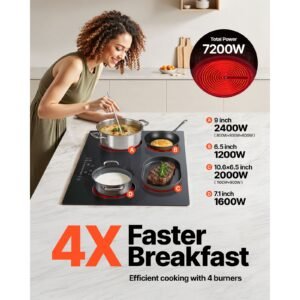 Built in Electric Stove Top, 30.3 x 20.5 inch 4 Burners, 240V Glass Radiant Cooktop with Sensor Touch Control, Timer & Child Lock Included, 9 Power Levels for Simmer Steam Slow Cook Fry