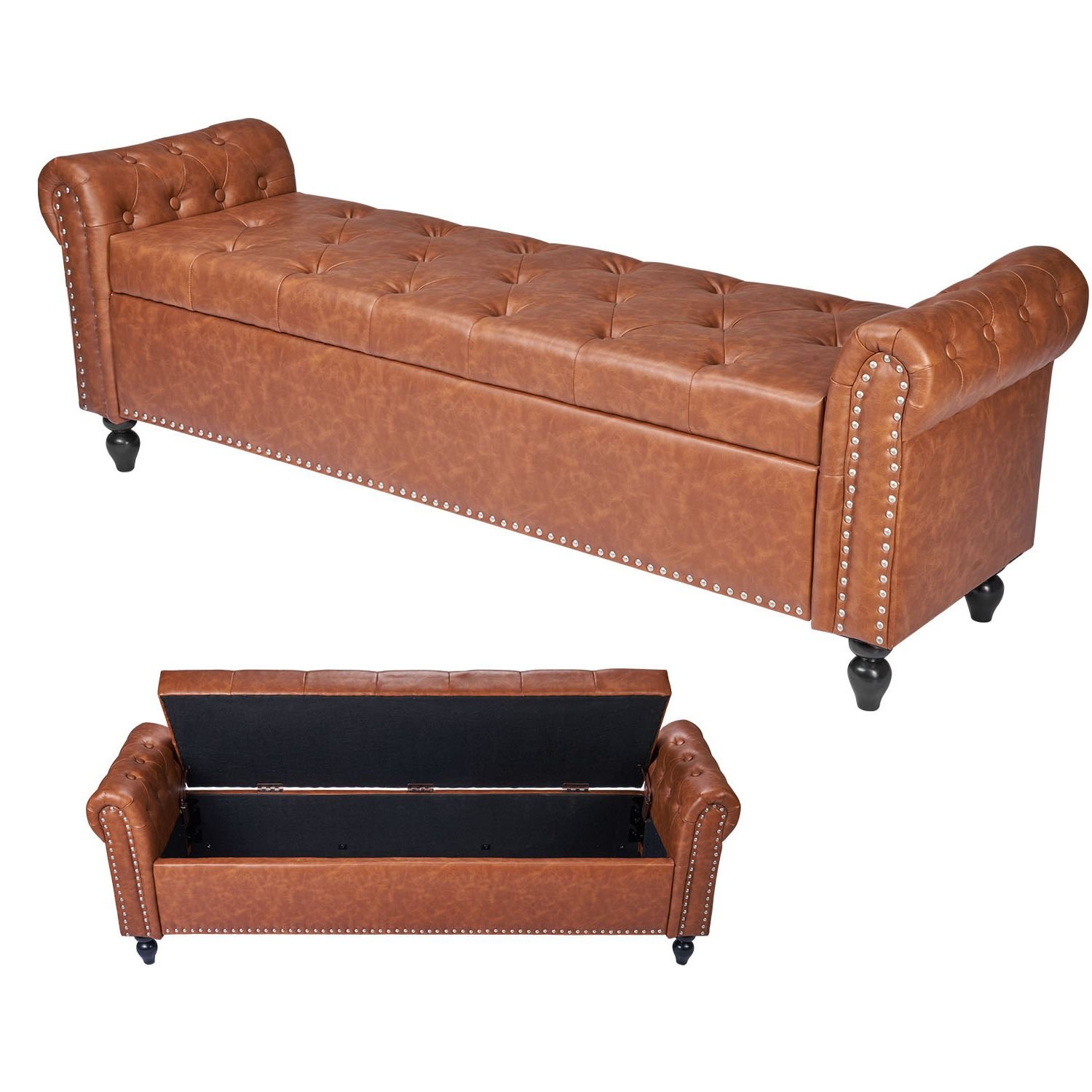 button tufted storage ottoman bench rolled arm pu leather bench with solid wood legs modern shoe benches seat for entryway upholstered end of bed benches for living room dining room brown.jpg