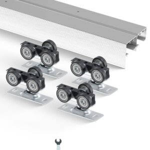 bypass door hardware, 5ft heavy duty bypass sliding door hardware kit, aluminum alloy sliding closet door hardware set for 2 door system, fit door thickness 1 3/8 " 1 3/4", easy to install