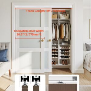 bypass door hardware, 5ft heavy duty bypass sliding door hardware kit, aluminum alloy sliding closet door hardware set for 2 door system, fit door thickness 1 3/8 " 1 3/4", easy to install