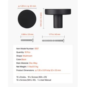 cabinet knobs 10 pack 126 inch black zinc alloy drawer pulls door handles mushroom kitchen solid knobs dresser handles cupboard hardware with screws for bathroom closet cabinets drawers 4.jpg