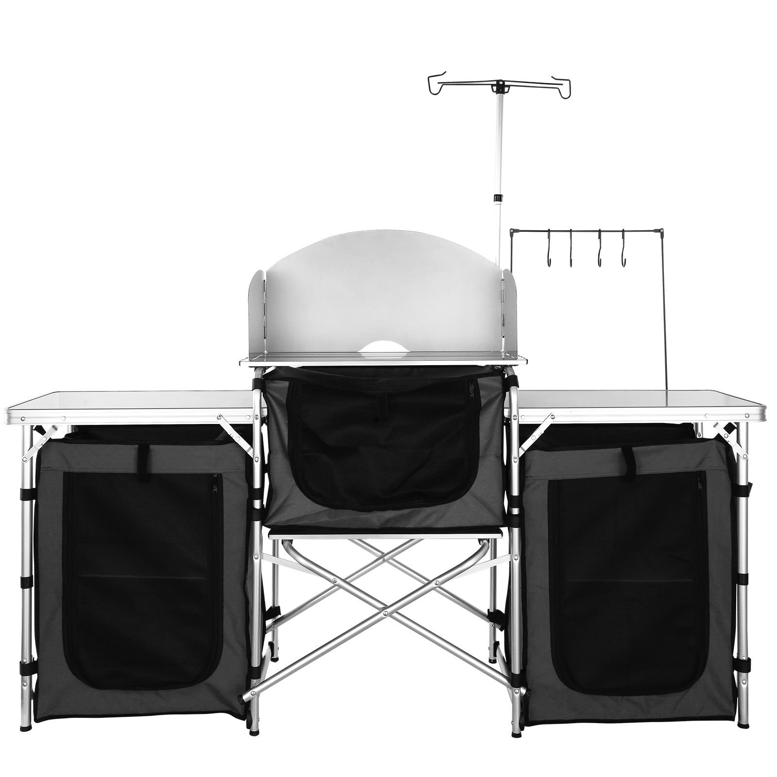 camping kitchen table, folding outdoor cooking table with storage carrying bag, aluminum cook station 3 cupboard & detachable windscreen, quick set up for picnics, bbq, rv traveling, black