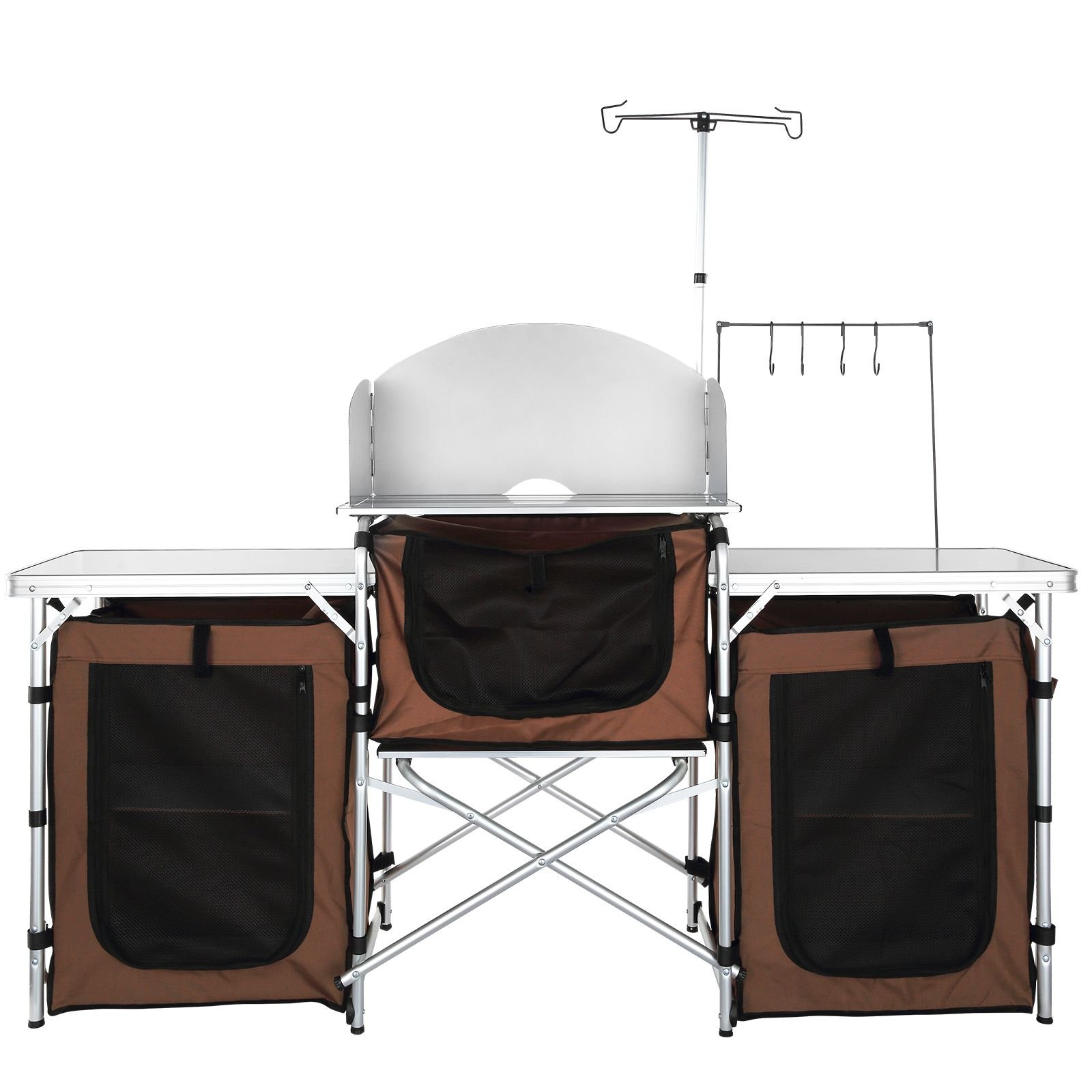 camping kitchen table, folding outdoor cooking table with storage carrying bag, aluminum cook station 3 cupboard & detachable windscreen, quick set up for picnics, bbq, rv traveling, brown