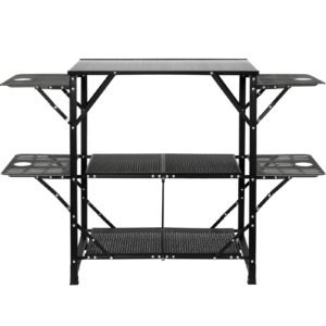 Camping Kitchen Table, One-piece Folding Portable Cook Station with A Carrying Bag, Aluminum Camping Table 4 Iron Side Tables & 2 Shelves, Ideal for Outdoor Picnics, BBQs, Camping, RV Traveling