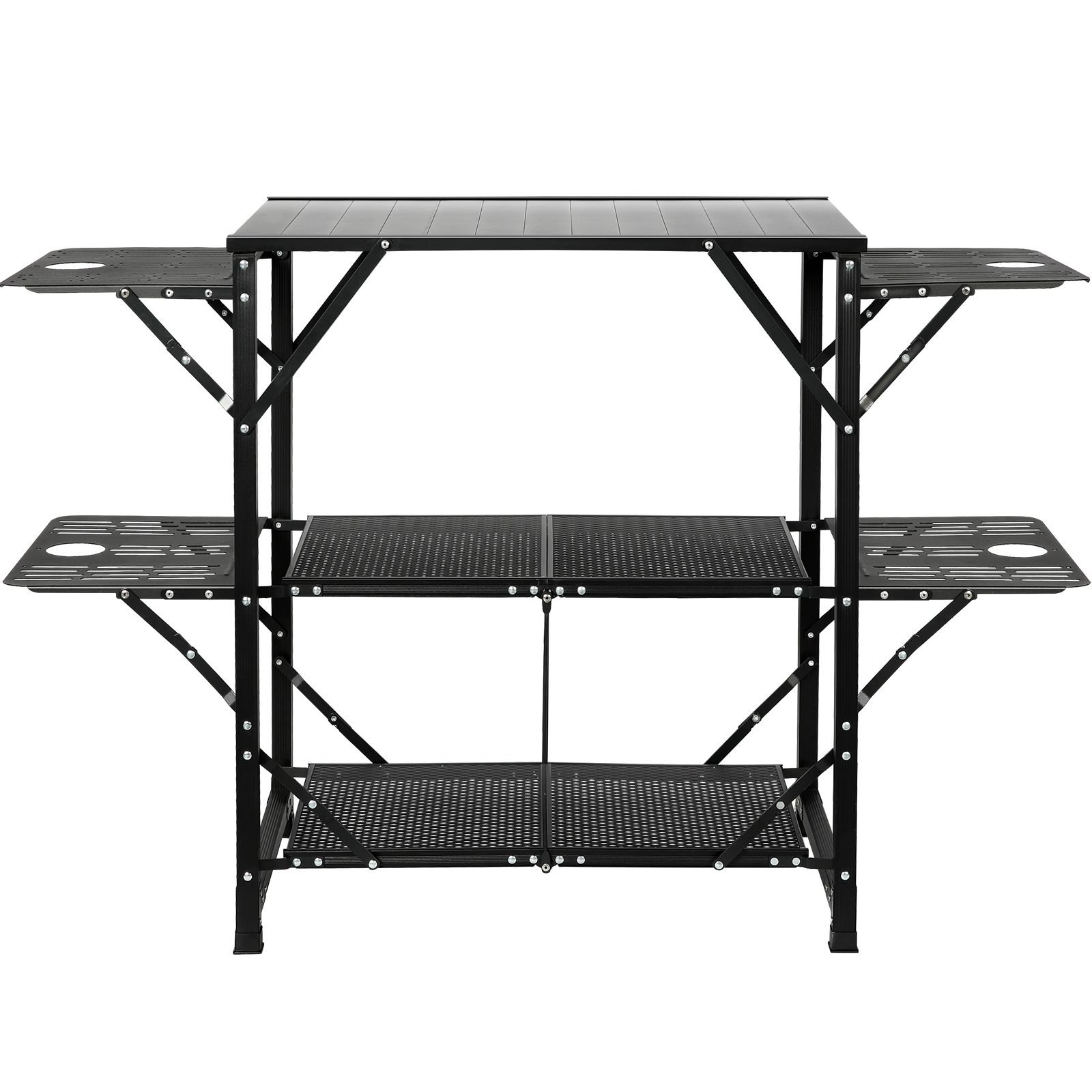 camping kitchen table, one piece folding portable cook station with a carrying bag, aluminum camping table 4 iron side tables & 2 shelves, ideal for outdoor picnics, bbqs, camping, rv traveling