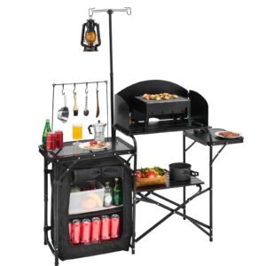 camping kitchen table outdoor camp cooking table aluminum portable cook station with storage cupboard carrying bag detachable windscreen quick set up for bbq party picnic rv travel black 4.jpg