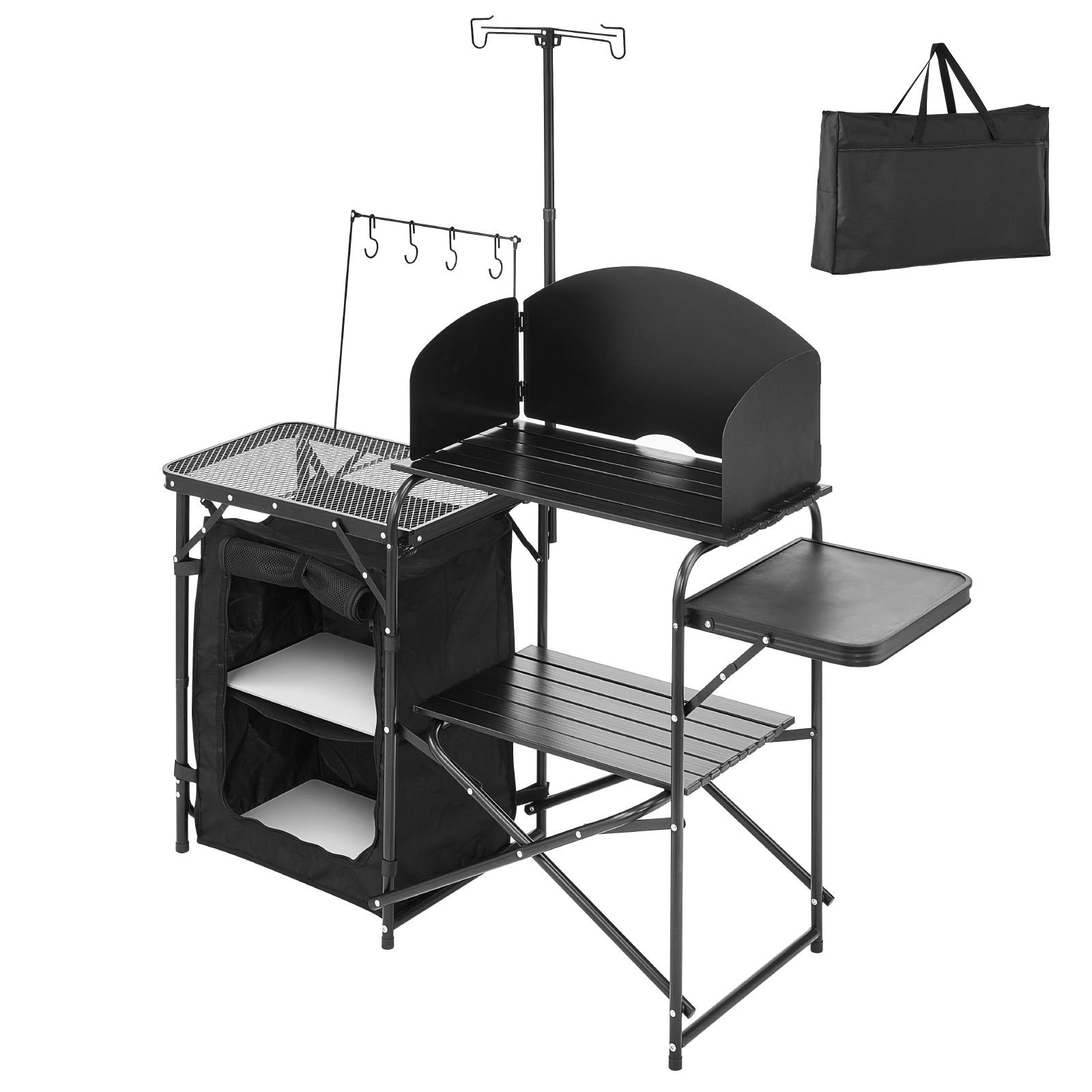 camping kitchen table outdoor camp cooking table aluminum portable cook station with storage cupboard carrying bag detachable windscreen quick set up for bbq party picnic rv travel black.jpg