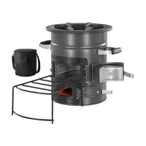 Camping Rocket Stove, Wood Burning Portable Rocket Stove with Carrying Bag for Backpacking, SPCC Steel, Double Door, Burn Twigs, Sticks or Charcoals for Outdoor Cooking, Backyard, Camp Cooking