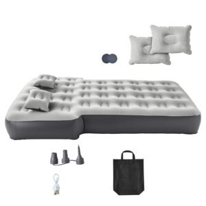 Car Air Mattress, Fits Toyota 4runner, Jeep Wrangler, Inflatable Car Camping Mattress, Flocking Thickened Blow Up Travel Beds, Durable Portable Sleeping Pad with Built in Pump, 2 Pillows, Gray