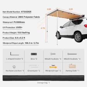 car side awning large 66 x 82 shade coverage vehicle awning pu3000mm uv50 retractable car awning with waterproof storage bag height adjustable suitable for truck suv van campers 1.jpg