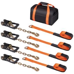 car tie down with chain anchors lasso style 2120 tire straps 5865 lbs working load 11023 lbs breaking strength with heavy duty ratchets for passenger car atv suv utv truck 4 pack 4.jpg