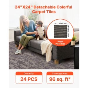 carpet tiles reusable 24x24 inch, 24 pcs modular carpet square rug, commercial floor soft padded for seamless cover 96sq.ft², easy diy for living room bedroom office indoor,gray & brown