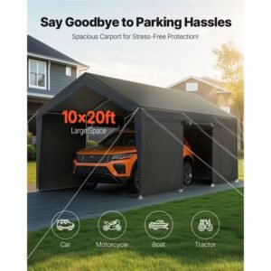 carport 10 x 20 ft outdoor car canopy potable carport with removable sidewalls door heavy duty car shelter uv resistant water resistant all season protection for automobile boat grey 2.jpg