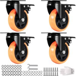 Caster Wheels, 4-inch Swivel Plate Casters, Set of 4, with Security A/B Locking No Noise PVC Wheels, Heavy Duty 350 lbs Load Capacity Per Caster, Non-Marking Wheels for Cart Furniture Workbench
