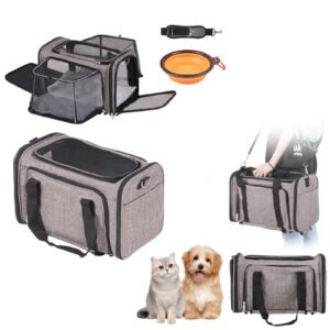 Cat Carrier with Wheels, Airline Approved Rolling Pet Carrier with Telescopic Handle and Shoulder Strap, Dog Carrier with Wheels for Pets under 25 lbs, with 1 Folding Bowl, Grey