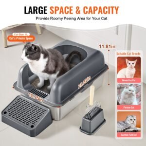 cat litter box 6 inches deep xl extra large stainless steel cat litter box with scoop wide filtering foot board high sides enclosed odor free easy to clean litter box fit for big cats 11.jpg