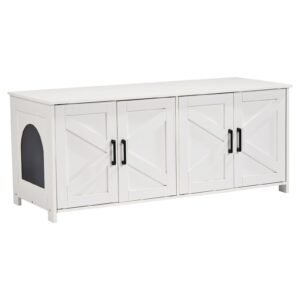 Cat Litter Box Enclosure for 2 Cats, Litter Box Furniture Hidden with Double Rooms, Wooden Cat Box Cabinet Fit Most of Litter Box, 47.2"L x 18.5"W x 19.7"H, White