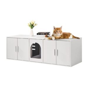 Cat Litter Box Enclosure for 2 Cats, Litter Box Furniture Hidden with Double Rooms, Wooden Cat Box Cabinet Fit Most of Litter Box, 57.9"L x 18.3"W x 17.9"H, White