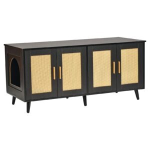 Cat Litter Box Enclosure for 2 Cats, Litter Box Furniture Hidden with Rattan Decorated Doors, Wooden Cat Box Cabinet Fit Most of Litter Box, 47.2"L x 19.7"W x 21.7"H, Black