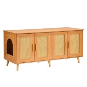 Cat Litter Box Enclosure for 2 Cats, Litter Box Furniture Hidden with Rattan Decorated Doors, Wooden Cat Box Cabinet Fit Most of Litter Box, 47.2"L x 19.7"W x 21.7"H, Natural