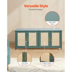 cat litter box enclosure for multi cats, 47.2 in hidden litter box cabinet with 4 rattan doors & 2 entries, indoor cat washroom, wooden kitty house furniture, fit most litterboxes, green