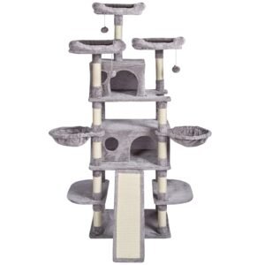 Cat Tree for Indoor Cats, 68.5" Cat Tower with 2 Cat Condos, Sisal Scratching Post, Hammocks, Top Perches, Jumping Platforms and Ramp, Cat Furniture Activity Center with Hang Balls, Light Grey