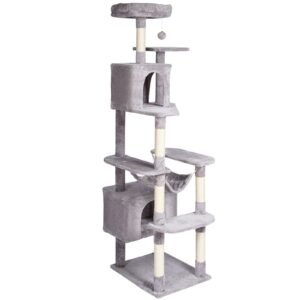 Cat Tree for Indoor Cats, 72" Cat Tower with 2 Cat Condos, Sisal Scratching Post, Hammock, Top Perch, Jumping Platforms, Large Cat Furniture Activity Center with Hang Ball, Light Grey