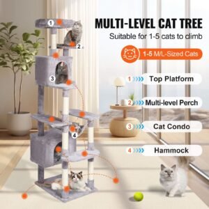 cat tree for indoor cats 72 cat tower with 2 cat condos sisal scratching post hammock top perch jumping platforms large cat furniture activity center with hang ball light grey 5.jpg