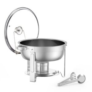 Chafing Dish Buffet Set, 5 Qt 2 Pack, Stainless Steel Chafer with 2 Full Size Pan, Round Catering Warmer Server with Glass Lid Water Pan Folding Stand Fuel Holder, Silver