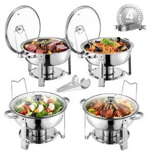 Chafing Dish Buffet Set, 5 Qt 4 Pack, Stainless Steel Chafer with 4 Full Size Pan, Round Catering Warmer Server with Glass Lid Water Pan Folding Stand Fuel Holder, for Wedding Party Banquet