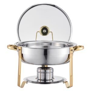 Chafing Dish Buffet Set, 5 Qt 4 Pack, Stainless Steel Chafer with 4 Full Size Pan, Round Catering Warmer Server with Glass Lid Water Pan Folding Stand Fuel Holder, Gold