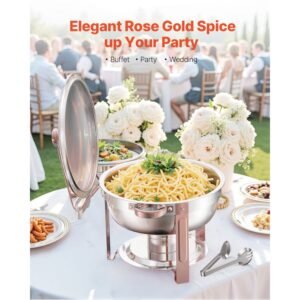 Chafing Dish Buffet Set, 5 Qt 4 Pack, Stainless Steel Chafer with 4 Full Size Pans, Round Catering Warmer Server with Lid Water Pan Folding Stand Clip, for Weddings Parties Banquets, Rose Gold