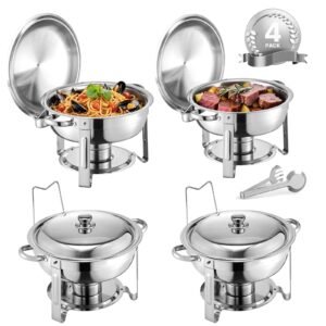 Chafing Dish Buffet Set, 5 Qt 4 Pack, Stainless Steel Chafer with 4 Full Size Pans, Round Catering Warmer Server with Lid Water Pan Folding Stand Clip, for Weddings Parties Banquets, Silver