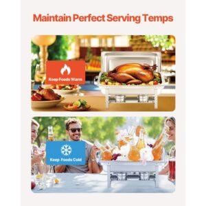 Chafing Dish Buffet Set, 8 Qt 6 Pack, Stainless Steel Chafer with 6 Full Size Pans, Rectangle Catering Warmer Server with Lid Water Pan Stand Fuel Holder, for Weddings Parties Banquets, Silver