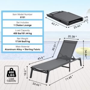 chaise lounge chair outdoor aluminum patio lounge chair with adjustable 5 position folding pool lounge chair recliner and full flat tanning chair for patio beach pool dark grey 2.jpg