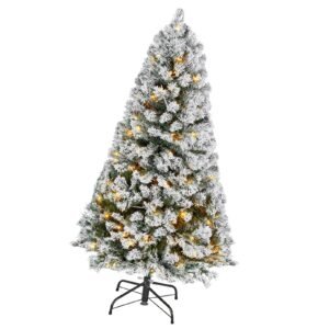 Christmas Tree, 4ft Prelit Flocked Artificial Tree, Full Holiday Xmas Deco Trees with 120 Warm White LED Lights, 8 Lighting Modes & 539 Branch Tips for Home Party Office Decoration