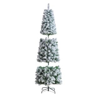 Christmas Tree, 6.5ft Prelit Flocked Artificial Tree, Full Holiday Xmas Tree with 250 White LED Lights, 814 Branch Tips, Metal Base for Home Party Office Decoration