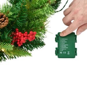 Christmas Wreath, 24 Inches Pre-Lit Artificial Christmas Wreath with 50 LED Lights and Timer, Decorated with Pine Cones, Red Berry Clusters, Holly Leaves, Suitable for Fireplace Door Window