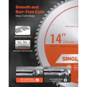 circular saw blade, 14 inch diameter, 72 sharp alloy teeth, 1 inch arbor, fine finish, metal cutting blade for circular saw, with noise reducing heat vents, for cutting steel and aluminum