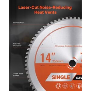 circular saw blade, 14 inch diameter, 72 sharp alloy teeth, 1 inch arbor, fine finish, metal cutting blade for circular saw, with noise reducing heat vents, for cutting steel and aluminum