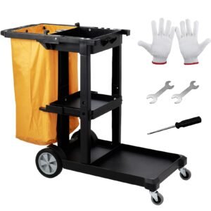 Cleaning Cart, 3-Shelf Commercial Janitorial Cart, 200 lbs Capacity Plastic Housekeeping Cart, with 25 Gallon PVC Bag, 47 x 20 x 38.6in, Yellow & Black