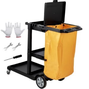 Cleaning Cart, 3-Shelf Commercial Janitorial Cart, 200 lbs Capacity Plastic Housekeeping Cart, with 25 Gallon PVC Bag and Cover, 47 x 20 x 38.6in, Yellow&Black