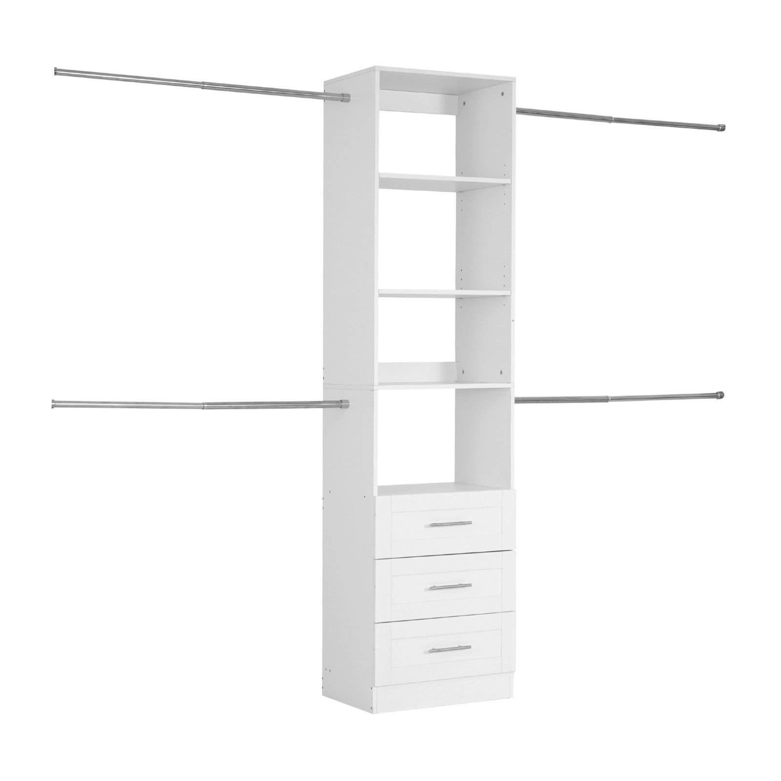 closet system with 3 drawers, adjustable height wooden closet organizers, modern walk in wardrobe organization with 4 retractable clothes hanger rods, freestanding garment rack storage, white