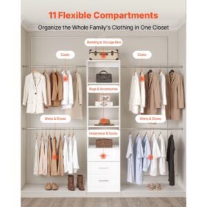 closet system with 3 drawers, adjustable height wooden closet organizers, modern walk in wardrobe organization with 4 retractable clothes hanger rods, freestanding garment rack storage, white