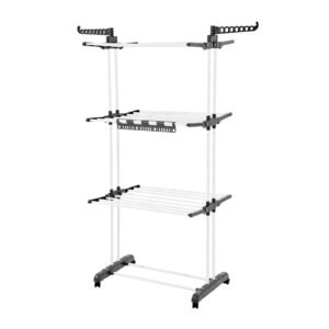 Clothes Drying Rack, 4-Tier Foldable Laundry Dryer Rack, Metal Drying Racks with 24 Drying Rods, Free-Standing and Portable Hanger with 4 Castors and Two Side Wings for Outdoor & Indoor Use