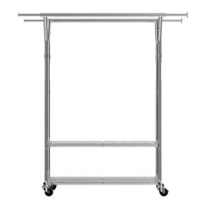 Clothes Rack, Rolling Clothing Garment Rack with 2 Hanging Rods and 2 Storage Shelves, 264 lbs Load Capacity, Adjustable Height Carbon Steel Clothing Racks for Bedroom, Laundry, Living Room