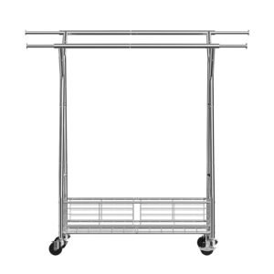 Clothes Rack, Rolling Clothing Garment Rack with 2 Hanging Rods and Storage Basket, 330 lbs Load Capacity, Extendable Carbon Steel Clothing Racks with Wheels for Bedroom, Laundry, Living Room