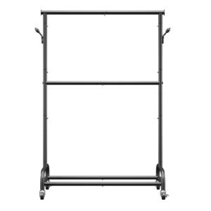 Clothes Rack, Rolling Clothing Garment Rack with Adjustable Crossbar and Side Hooks, 150 lbs Load Capacity, Heavy Duty Carbon Steel Clothing Racks with Wheels for Bedroom, Laundry, Living Room