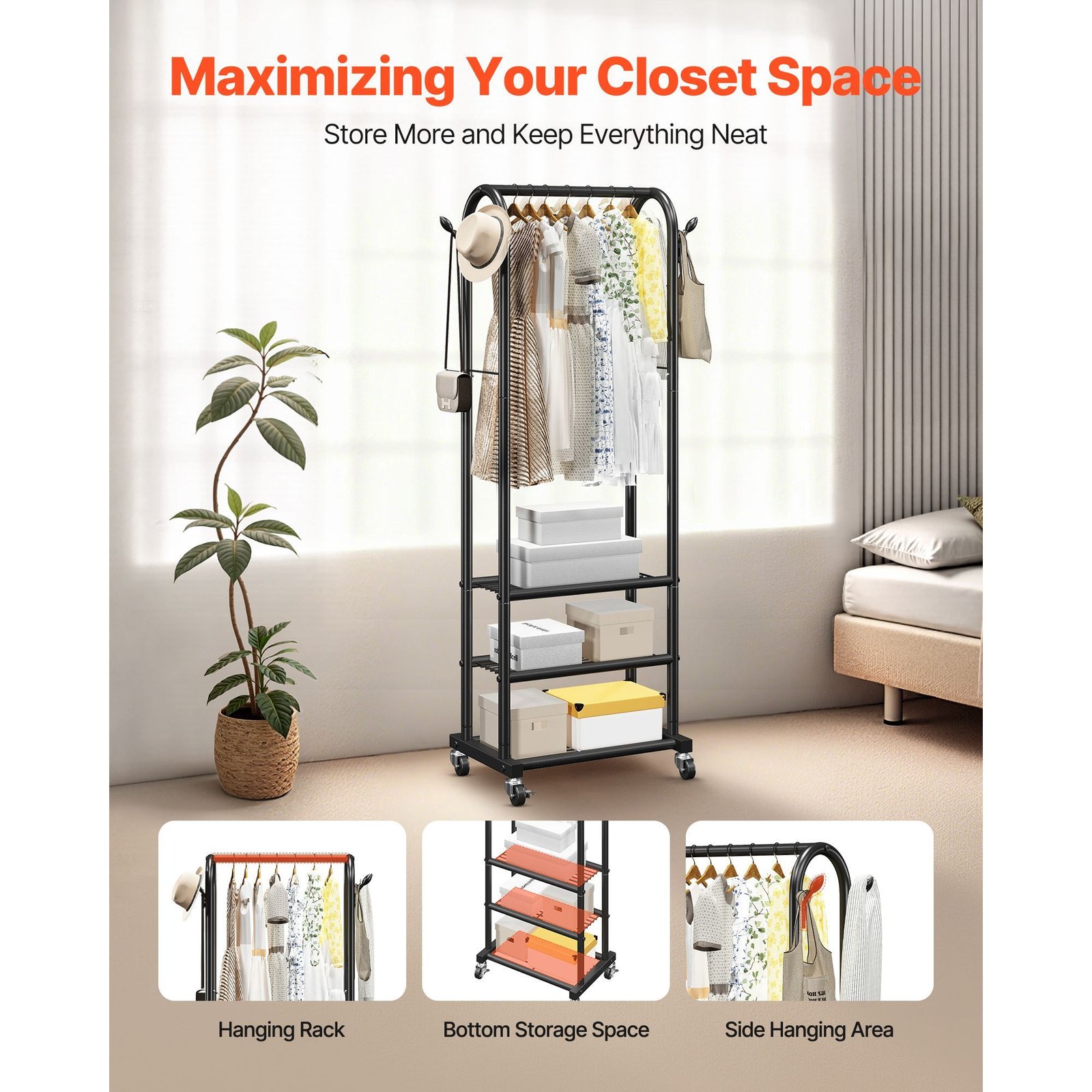 clothes rack rolling clothing garment rack with hanging rod and side hooks 3 storage shelves 99 lbs load capacity heavy duty carbon steel clothing racks for bedroom laundry living room.jpg