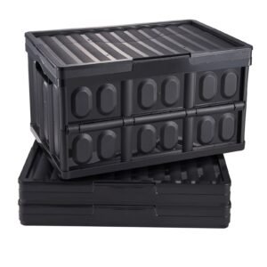 Collapsible Storage Bins with Lids, 45L 3 Packs, Folding Plastic Stackable Utility Crates with Handles, Large Heavy Duty Containers for Clothes, Toys, Books, Snack, Shoes, and Grocery Organizing